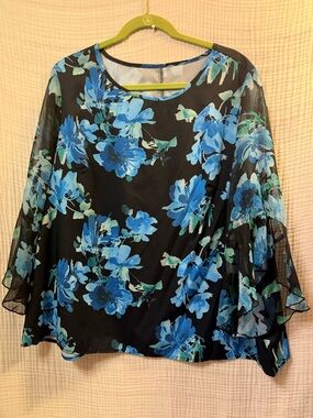 Emery Rose Floral cobalt Blue and black Sheer Bell-Sleeve Blouse size 2X -I